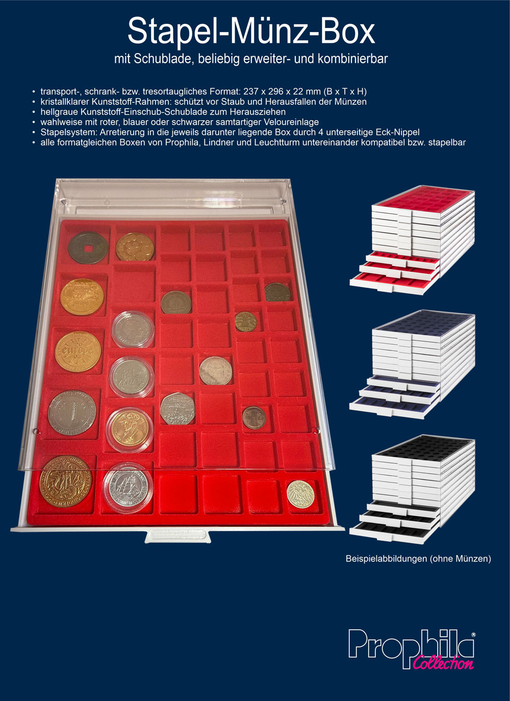 Prophila Collection M�nzbox grau ohne Unterteilung, Schwarze Einlage