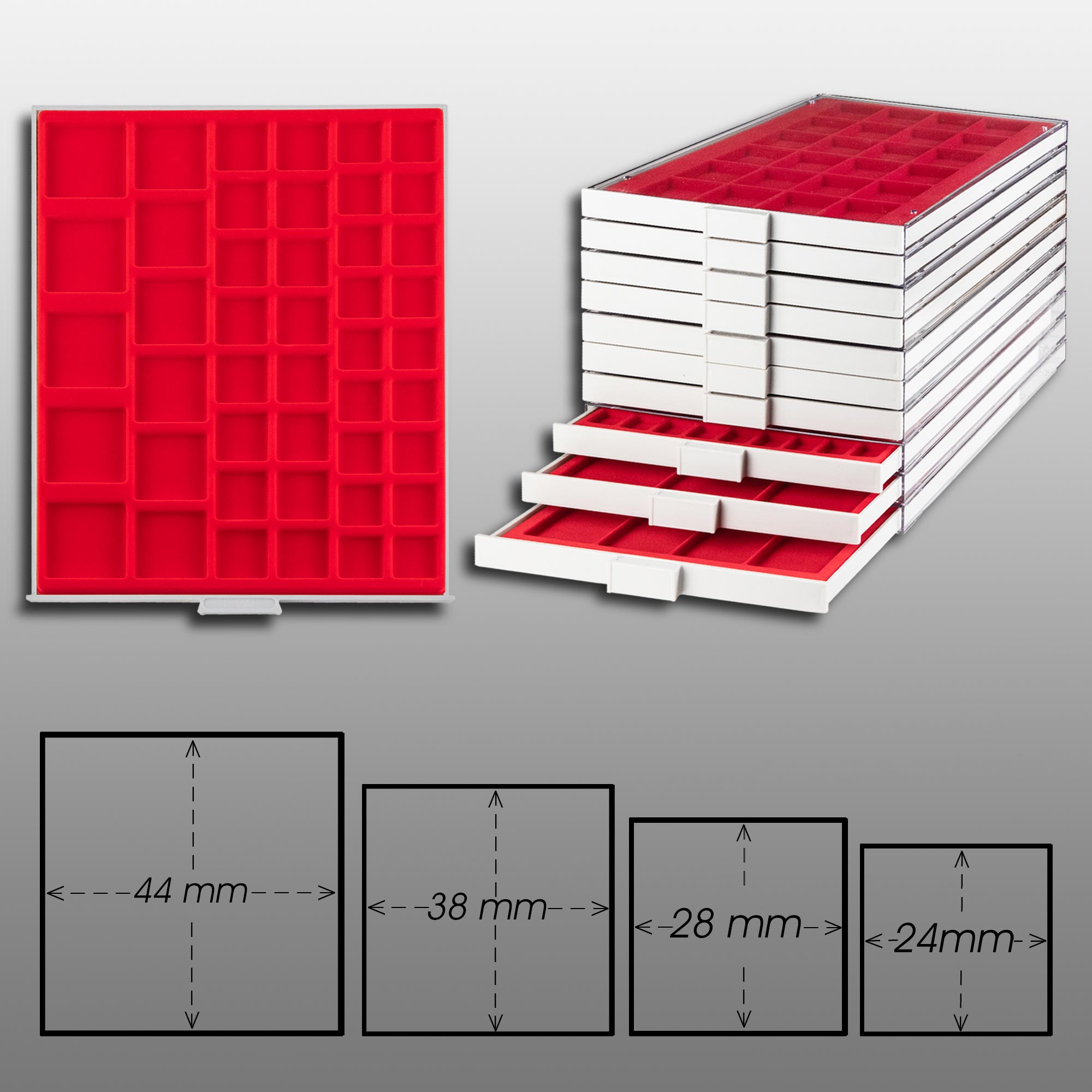 Prophila Collection M�nzbox grau 45 eckige F�cher gemischt 4 Verschiedene Gr��en, rote Einlage