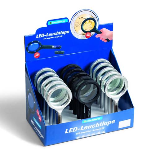 Display mit 15 NEMO LED-Leuchtlupen (10 x silber, 5 x schwarz)